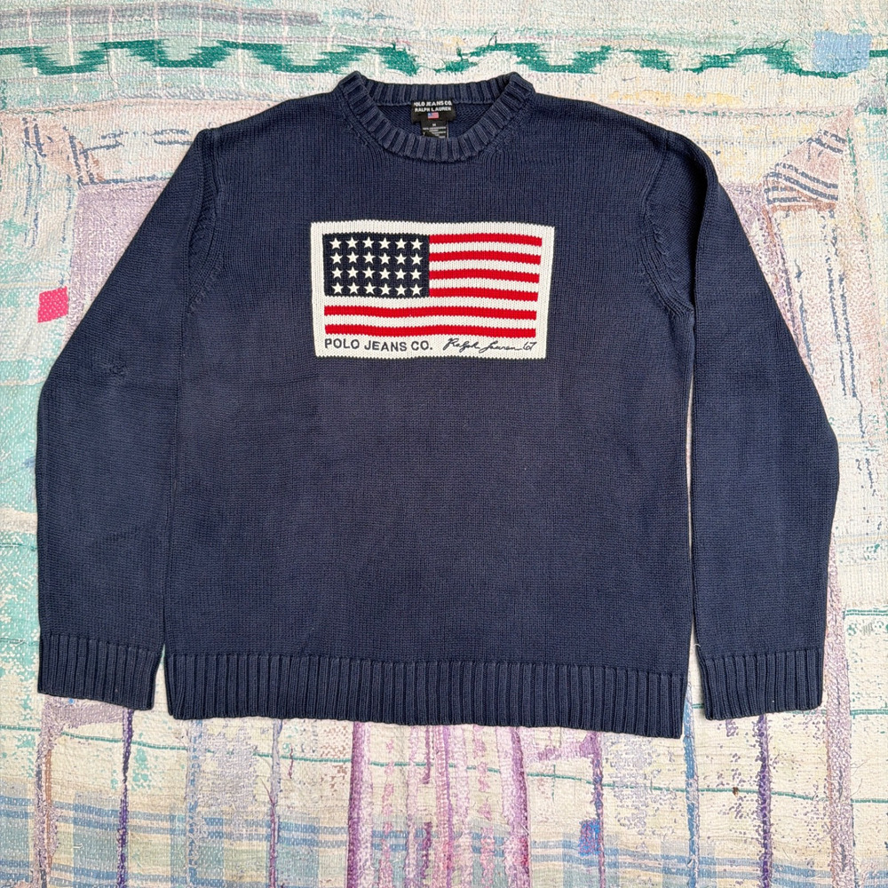 Vintage Polo Jeans Co USA American Flag Sweater Blue Medium